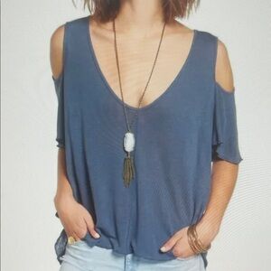 Free People Bittersweet Cold Shoulder Linen T Shirt Top Denim Blue Size Large